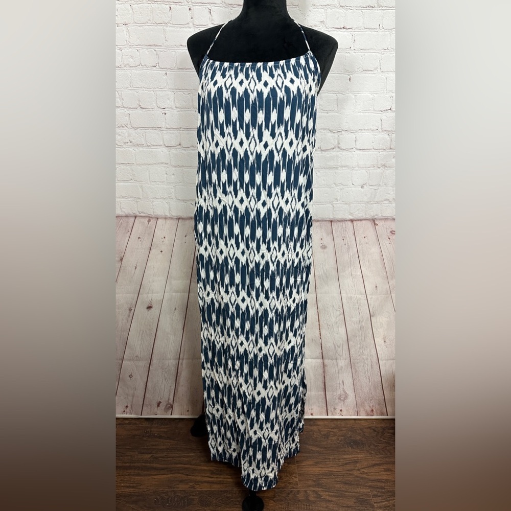 J. CREW blue white halter viscose lightweight beach vacay maxi dress,‎ sz S, GUC